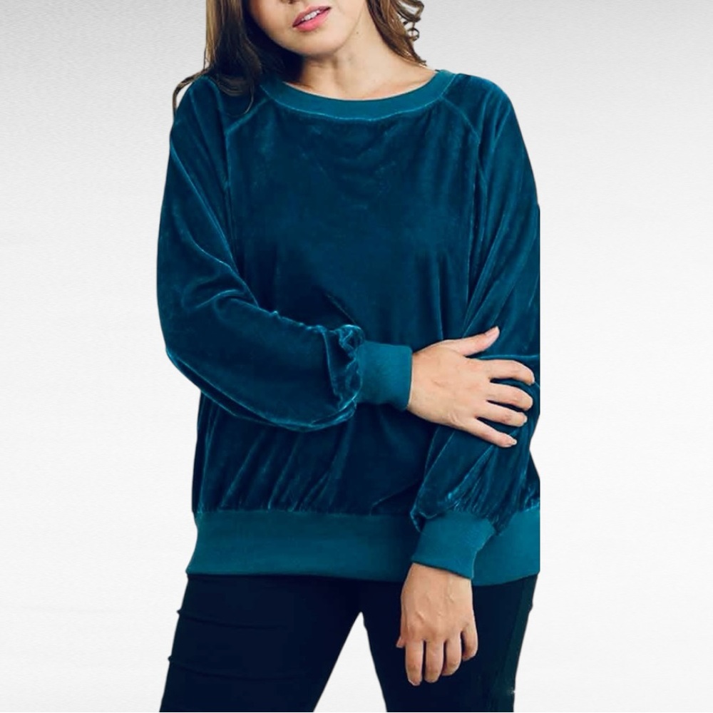 Umgee USA | Teal Velvet Plus Size Long Raglan Sleeve Pullover Sweatshirt 1X